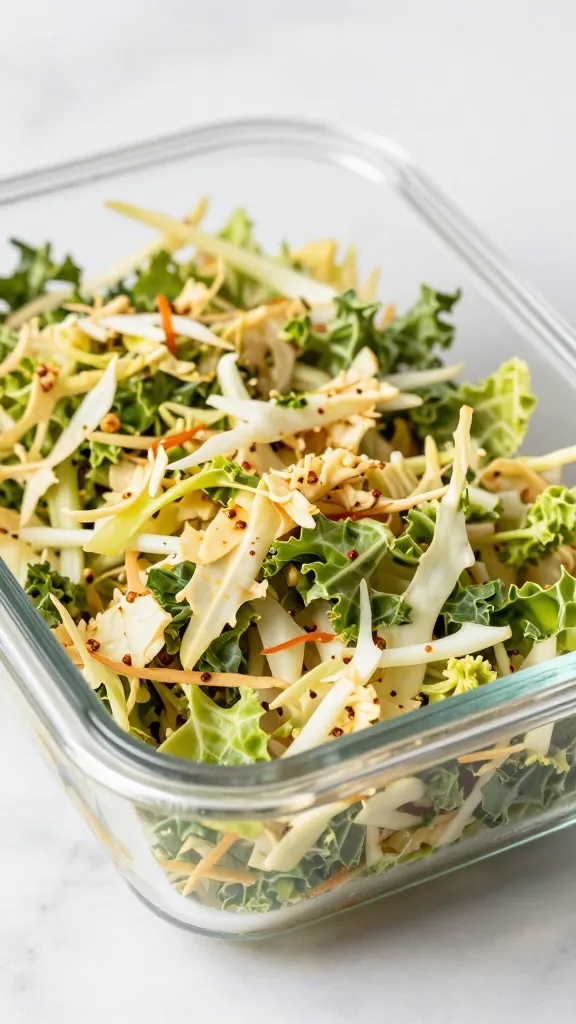 crunchy cabbage kale slaw in glass meal-prep container