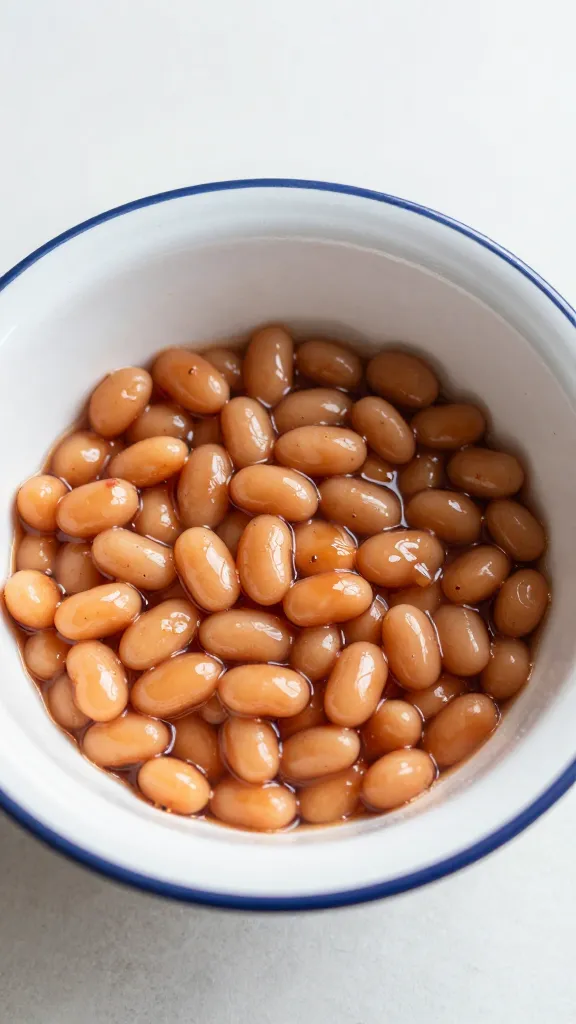 leftover saucy baked beans in enamel bowl, natural light