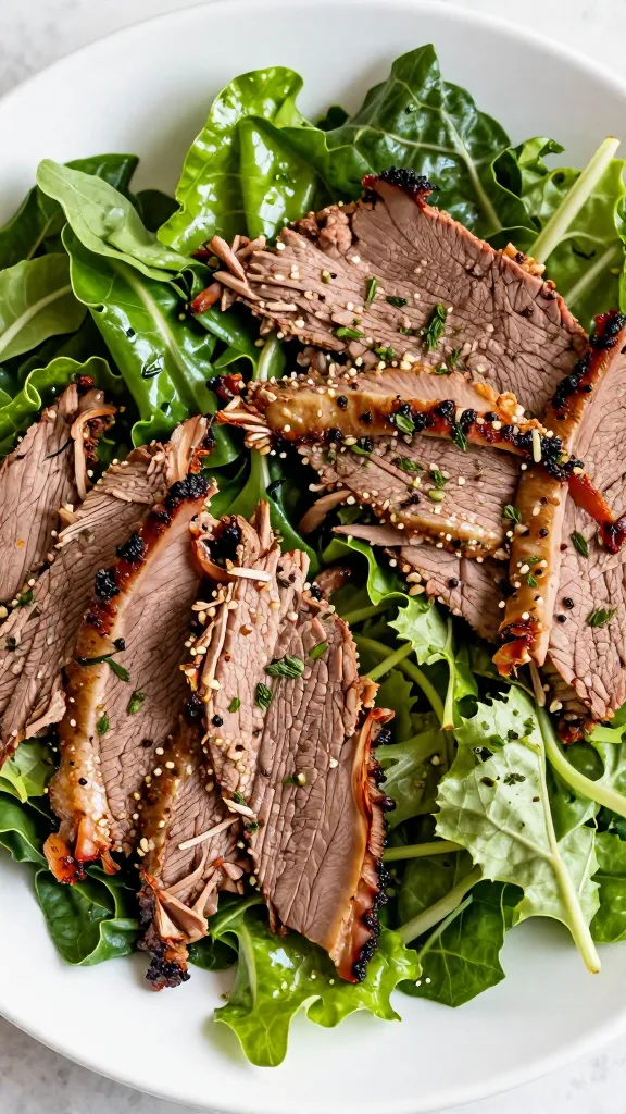 leftover brisket salad with crunchy greens and herbs