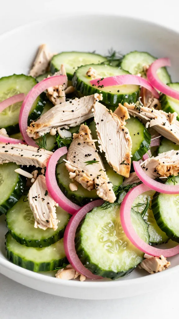 smoky chicken salad with cucumbers, pickled onions, and dill