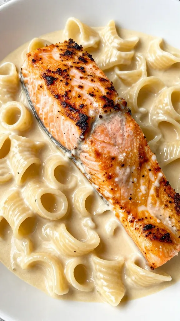 leftover grilled salmon pasta in glossy cream sauce