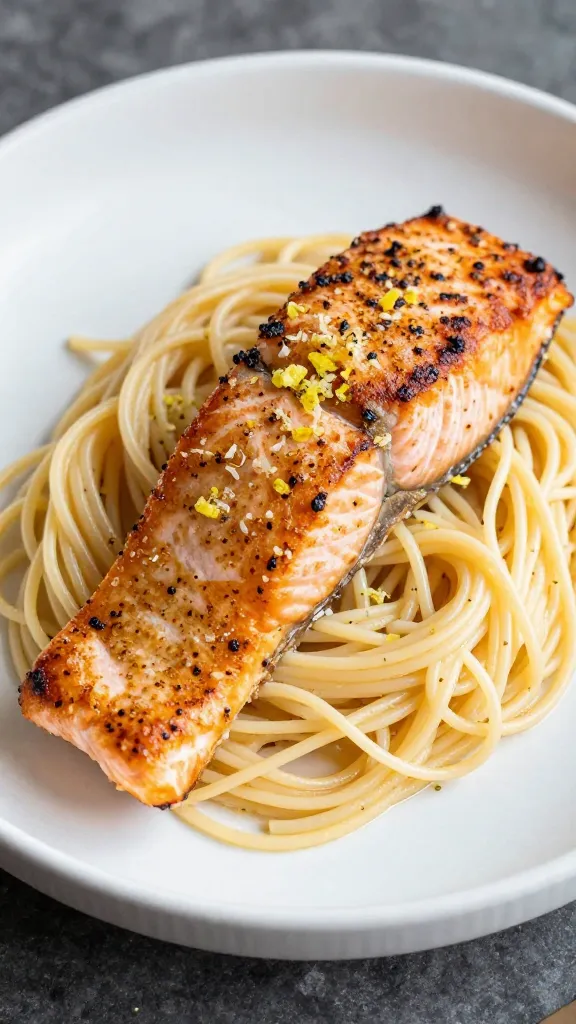 flaked grilled salmon on al dente spaghetti, lemon zest