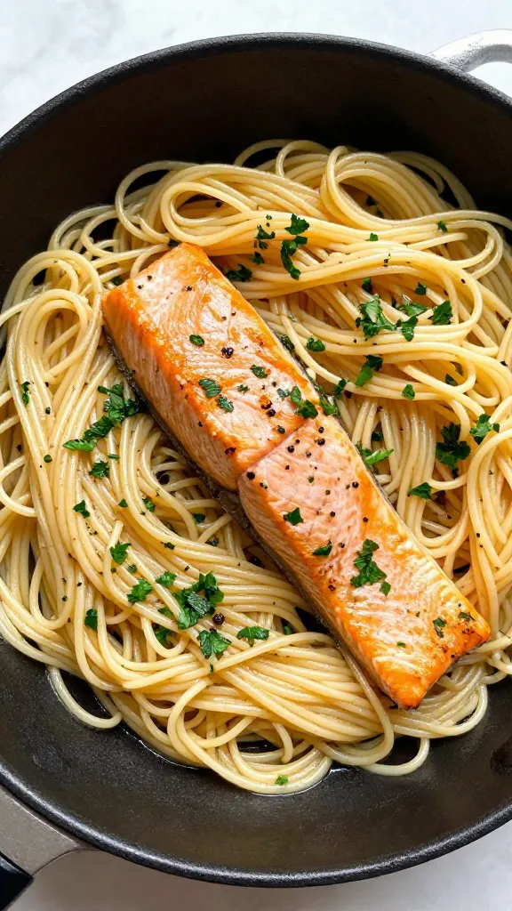 skillet of weeknight salmon pasta with parsley and pepper