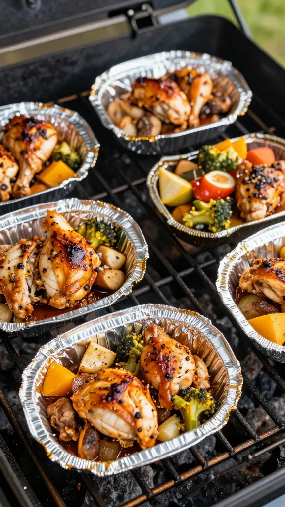 chicken and veggie foil packets on grill grates