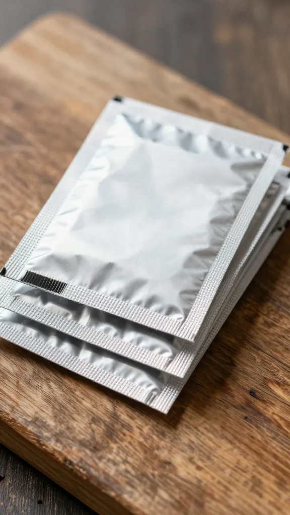 unopened foil packets stacked on rustic wooden board