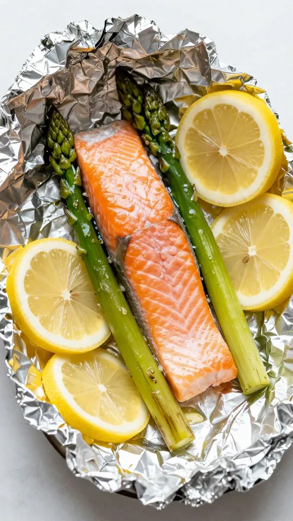 salmon and asparagus in open foil with lemon slices