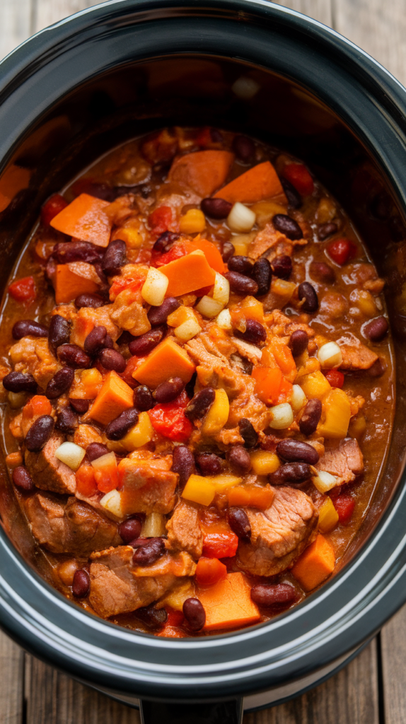 smoky pork, sweet potato, and black bean chili3