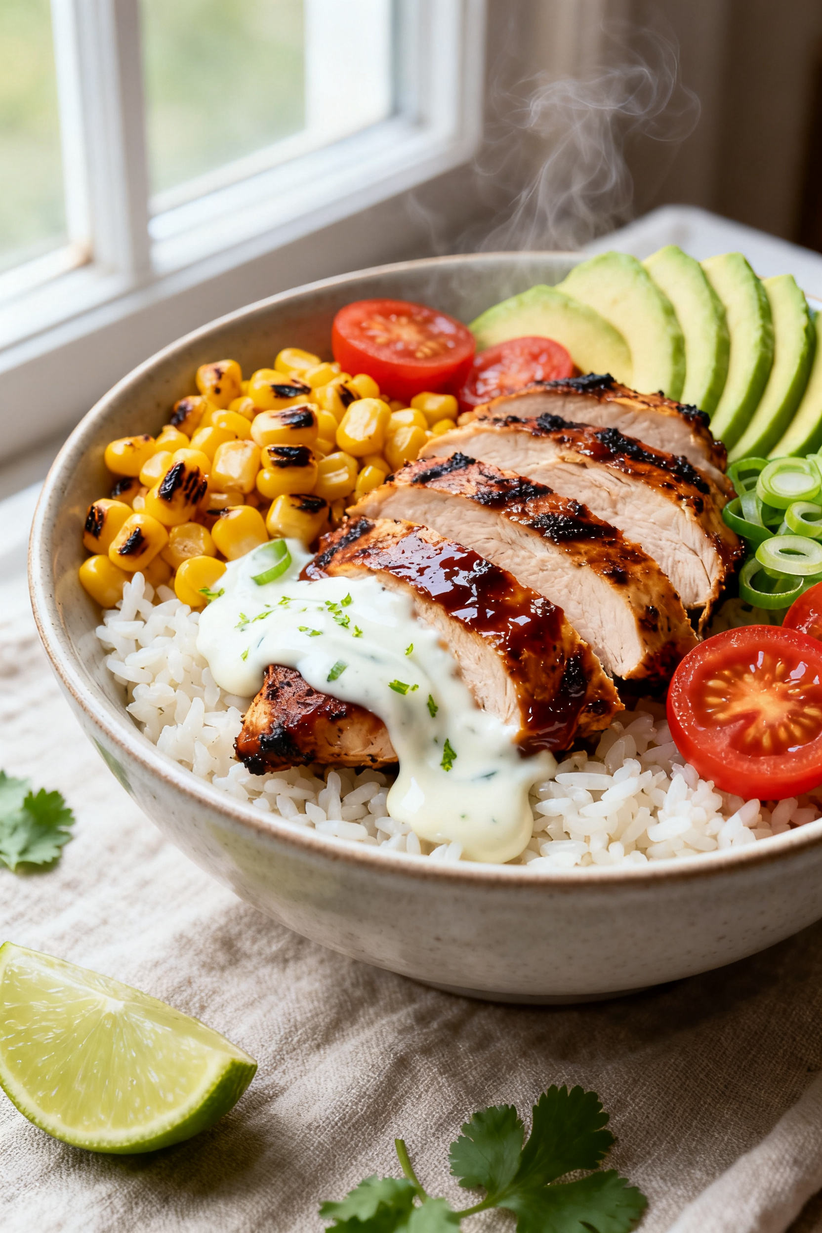 Close-up detail: Sliced grilled chicken over fluffy rice in a BBQ chicken bowl, showing juicy sear m