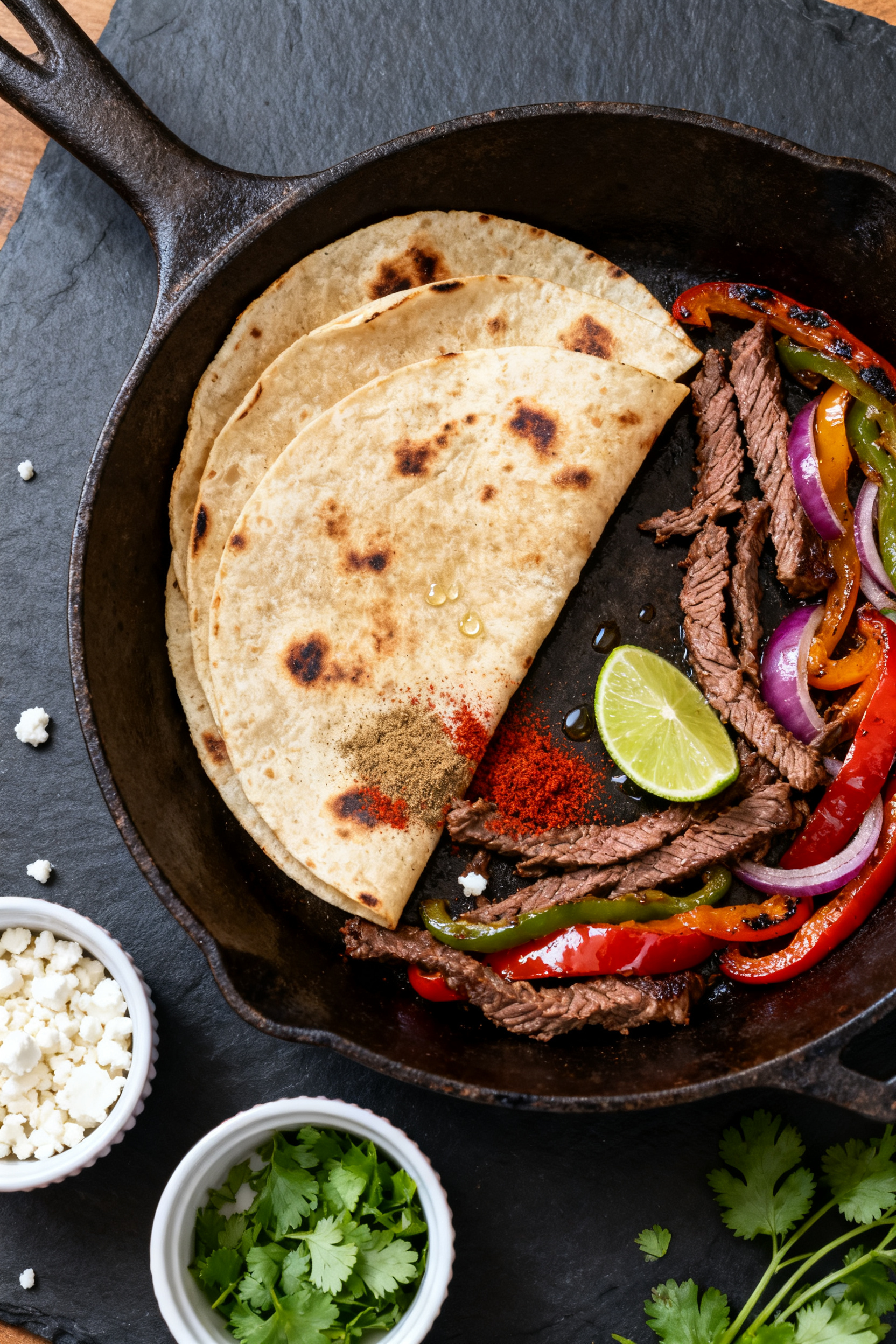 Cooking process: Steak fajita tacos being assembled in a dry skillet and on a nearby board—warm to