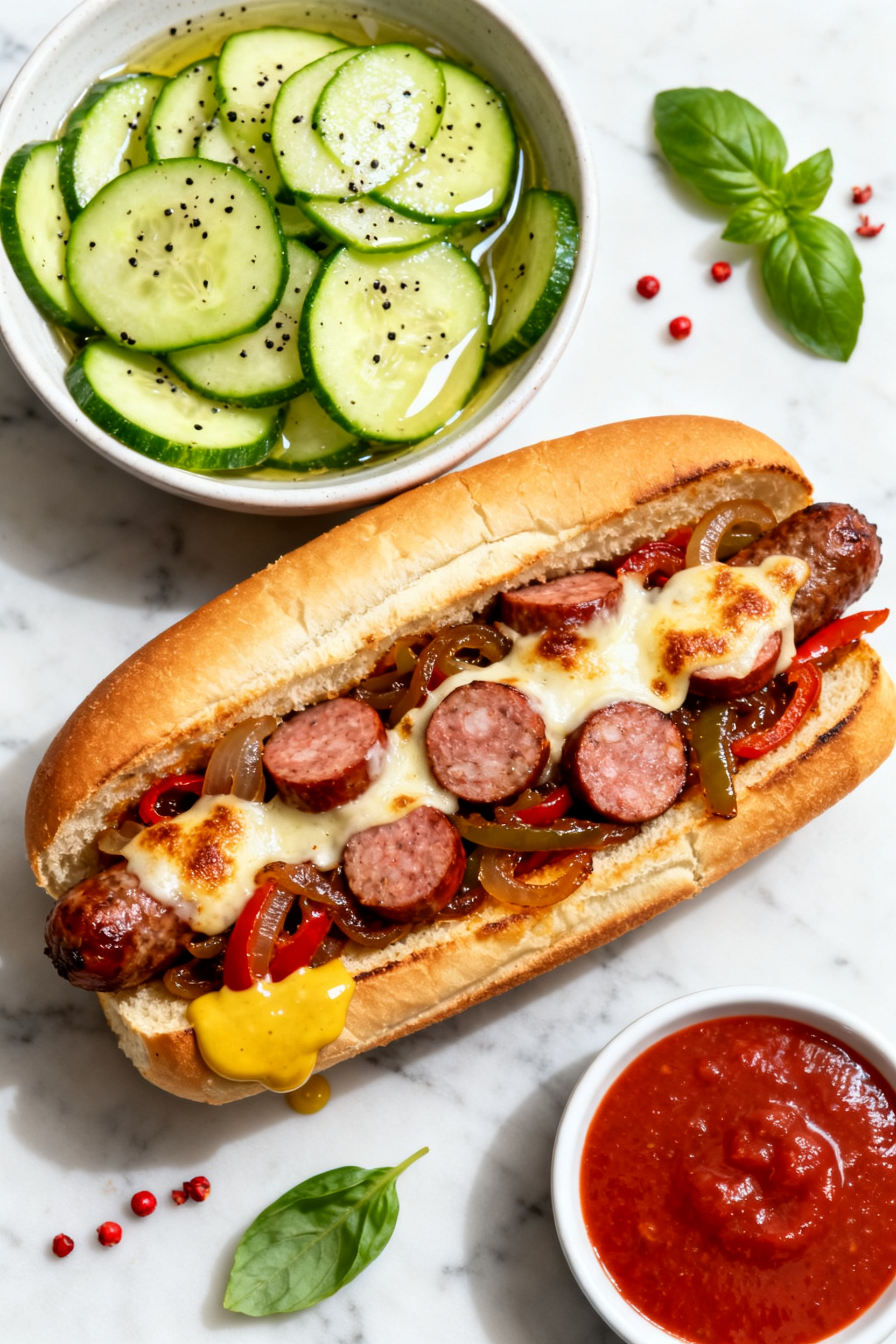 Final dish, tasty top view: Sausage, pepper, and onion subs plated and ready to serve—golden toast