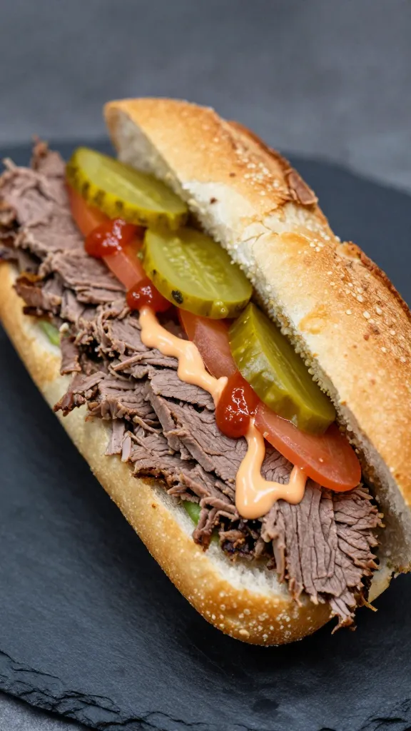sliced brisket banh mi on baguette, pickled veggies, sriracha mayo