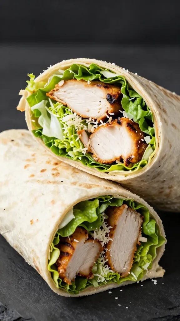bbq chicken caesar wrap cut open, romaine and parmesan visible