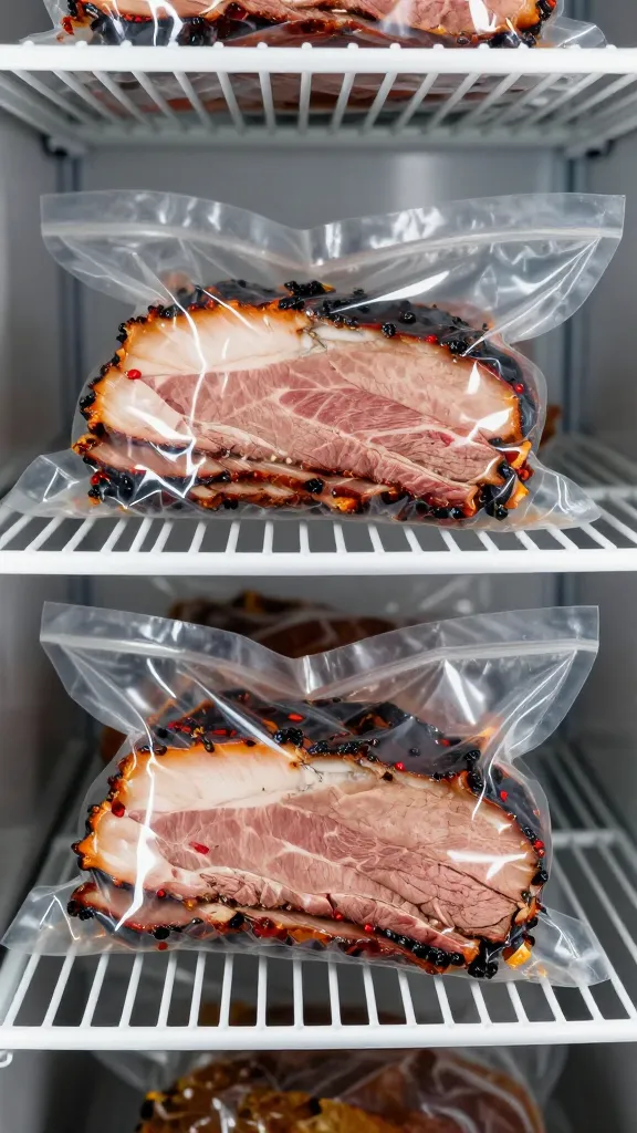 Sliced smoked brisket labeled in clear bags, fridge shelf