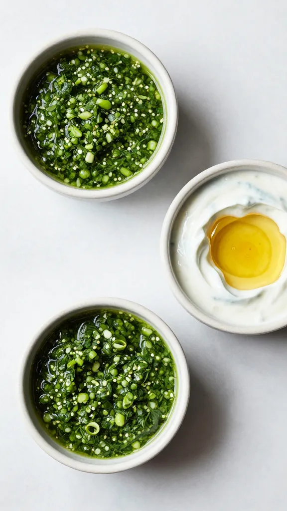 Small bowls of chimichurri, hot honey, tzatziki on marble