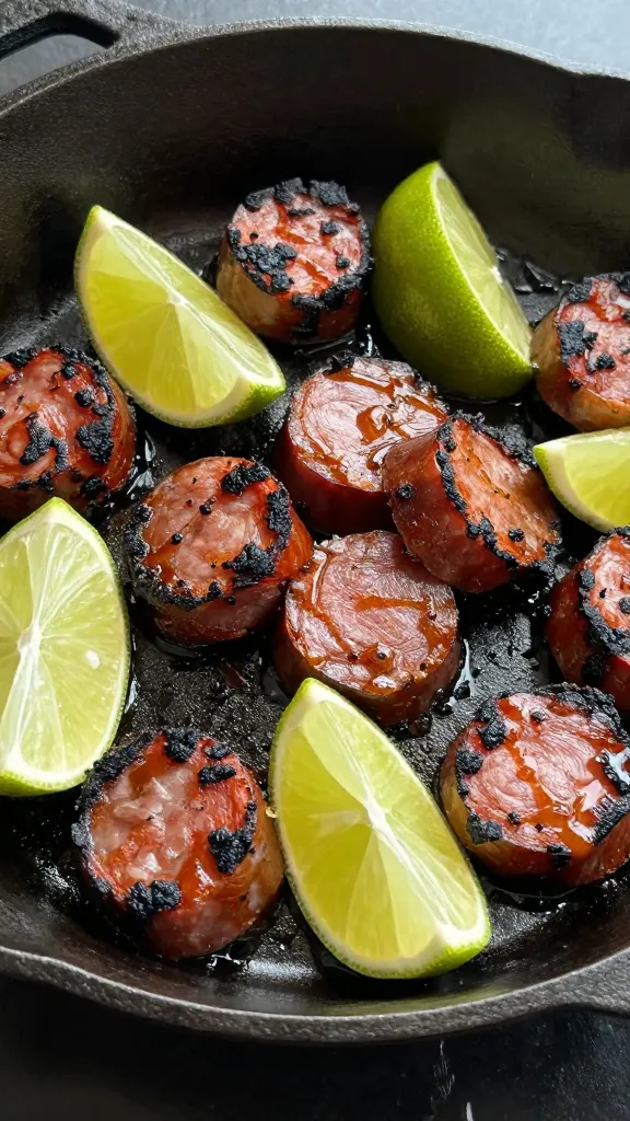 Cast-iron pan charring leftover sausage slices with lime wedges
