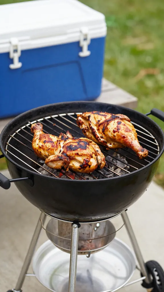 two-zone charcoal grill with seared chicken and cooler side