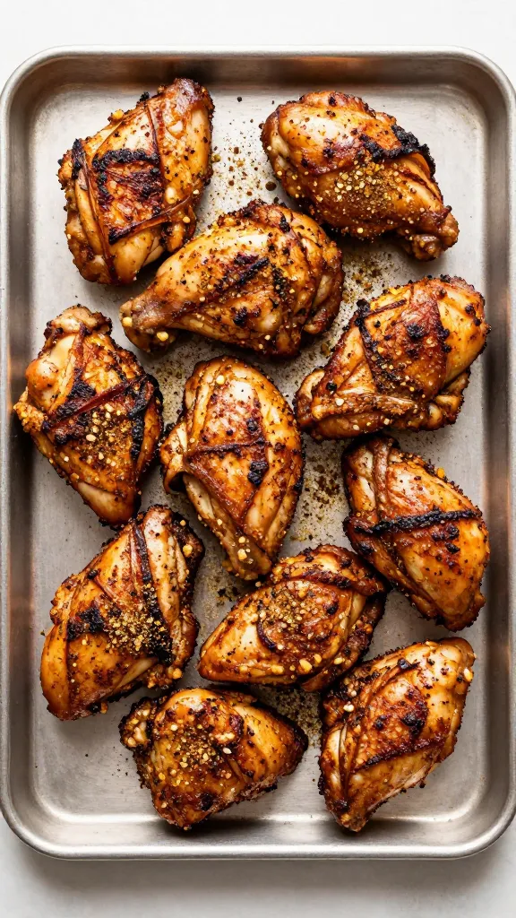 dry-rubbed chicken pieces on tray, spice blend visible, overhead