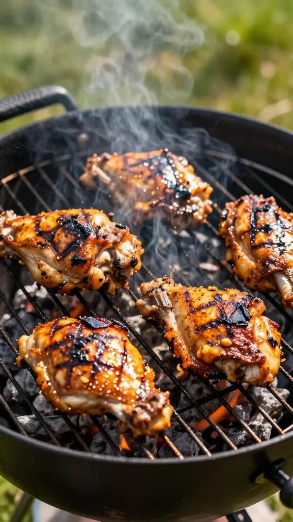 Grilled BBQ chicken thighs on charcoal grill, summer sun