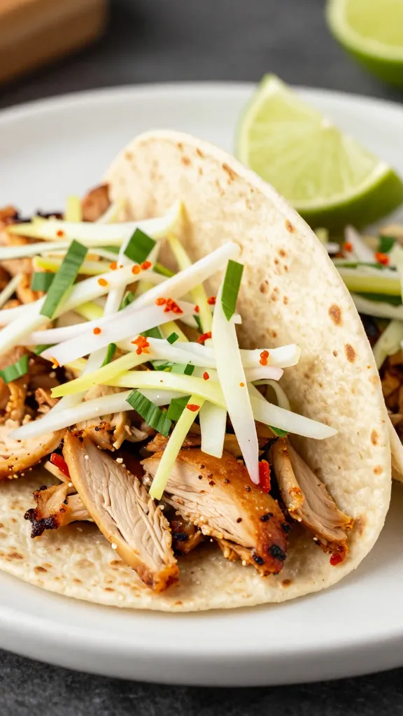 Leftover chopped BBQ chicken in tortillas with slaw, lime wedges