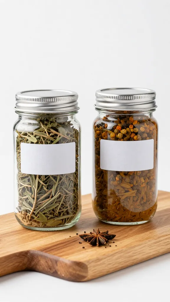 Two marinade jars labeled, herbs and spices on wooden board