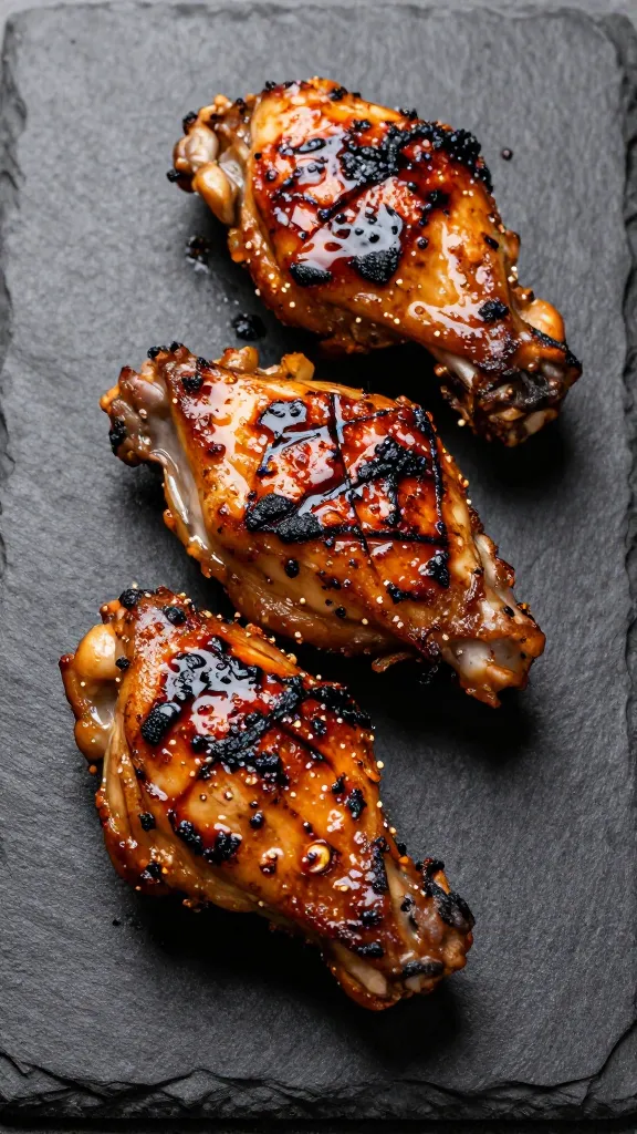 Grilled BBQ chicken thighs with sticky char on slate board