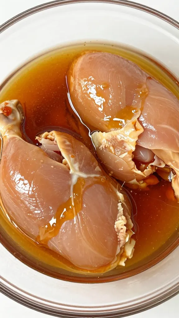 Raw chicken marinating in smoky-sweet sauce, glass bowl overhead
