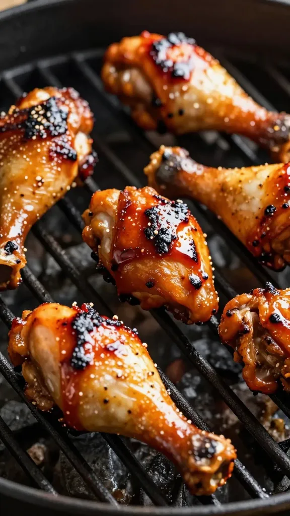 Brushed BBQ glaze on sizzling chicken drumsticks, close-up grill grates