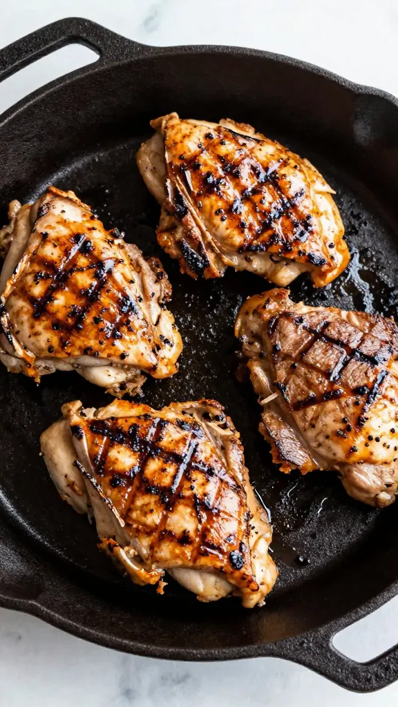 Grilled chicken thighs and flank steak on cast-iron platter
