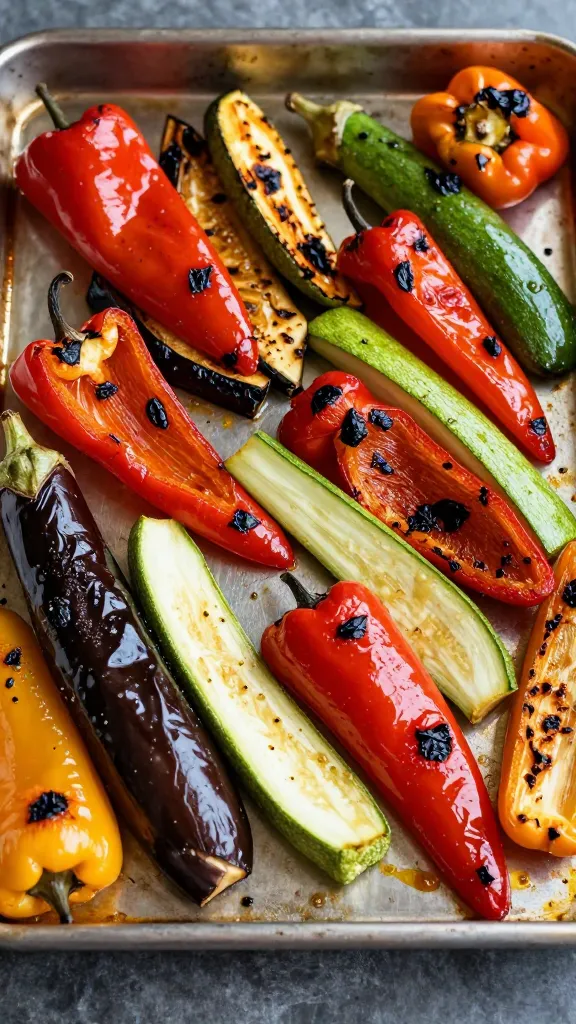 Charred bell peppers, zucchini, and eggplant on sheet pan