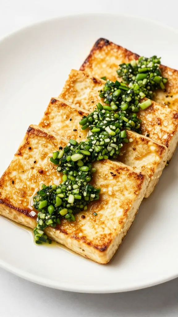 Sliced grilled tofu with chimichurri on white plate