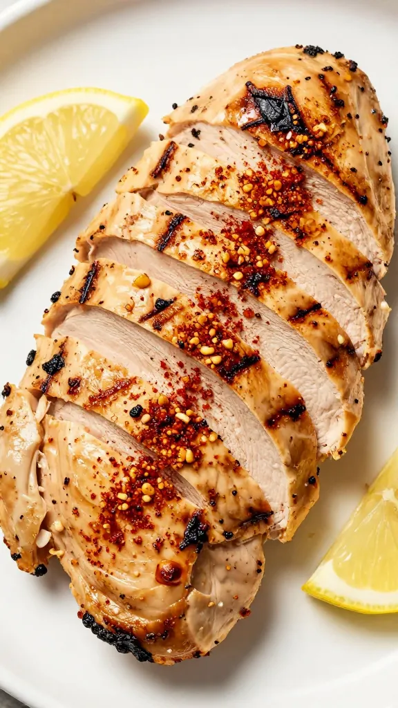 sliced grilled chicken with lemon, smoked paprika, garlic rub