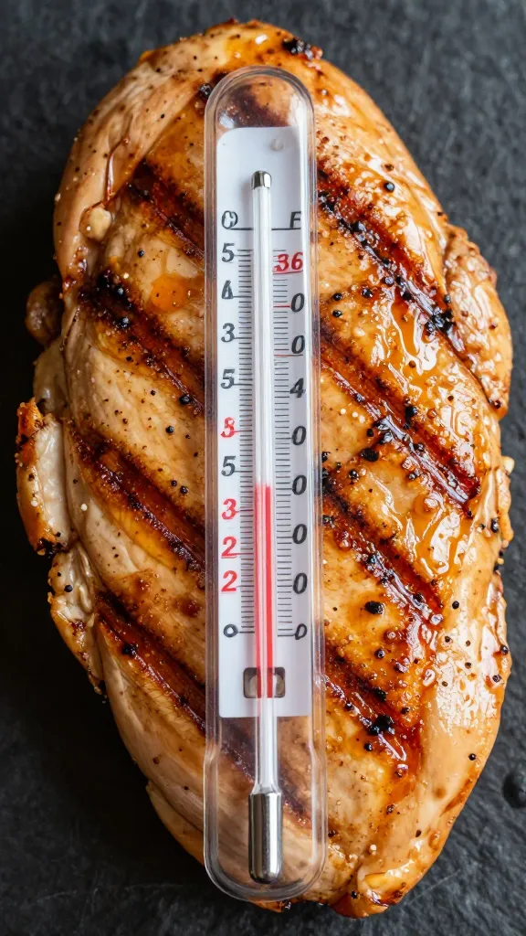 thermometer reading 165°F in juicy grilled chicken breast