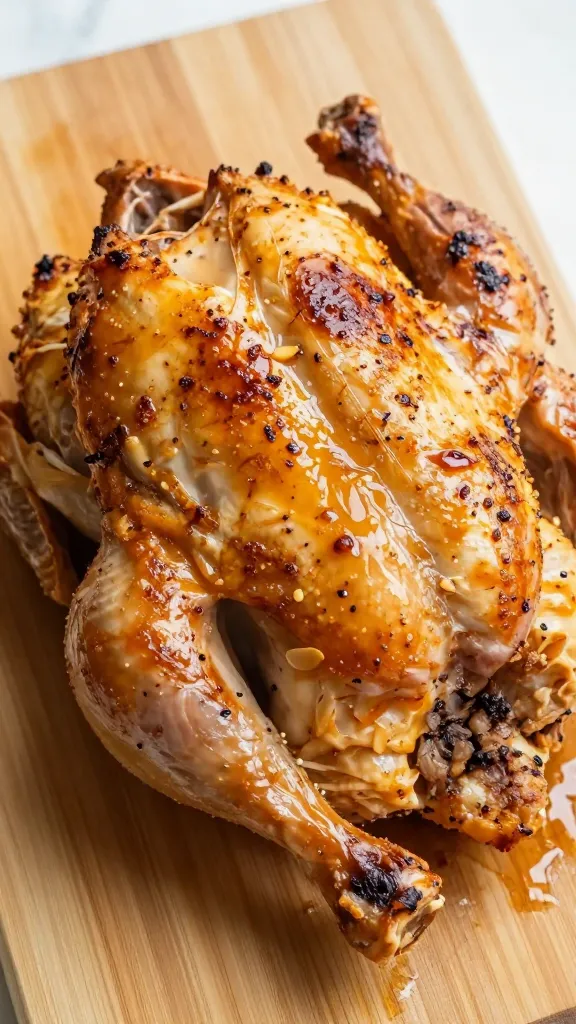 resting whole grilled chicken on cutting board, juices glistening