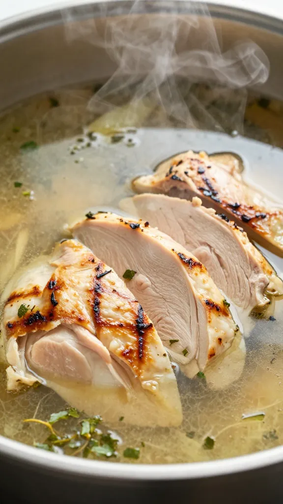 sliced grilled chicken in broth with herbs, steam rising