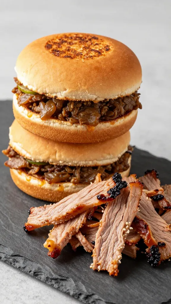 toasted burger buns stacked beside pulled pork on slate