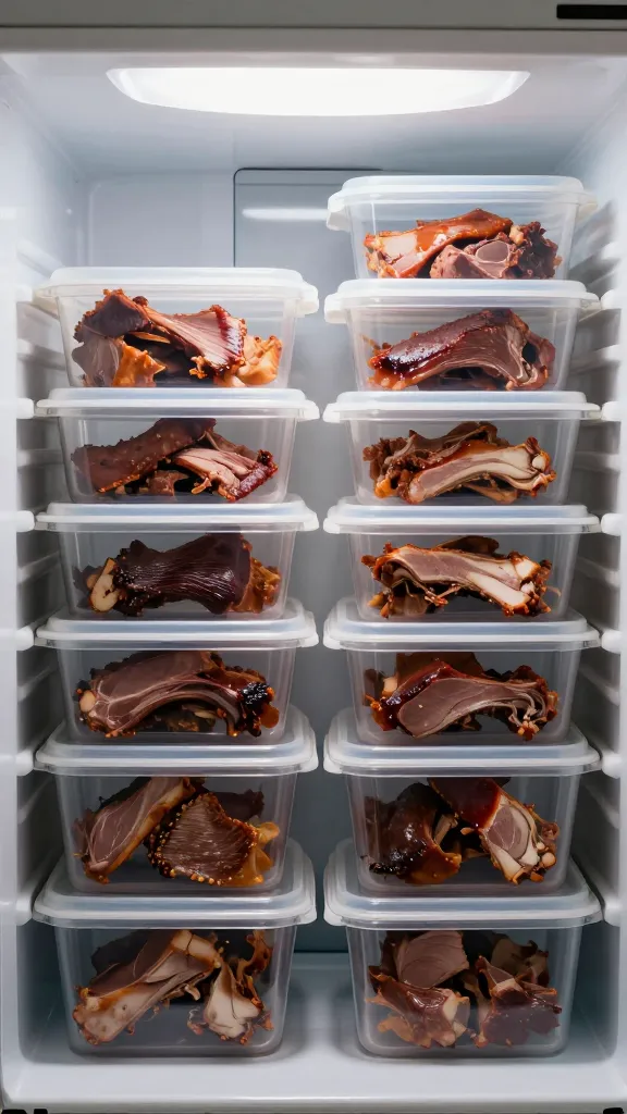 mixed leftover BBQ meats in tidy fridge containers, overhead lighting