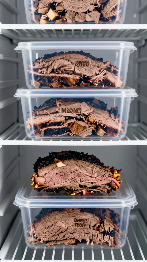 sliced brisket in labeled meal prep containers, fridge shelf