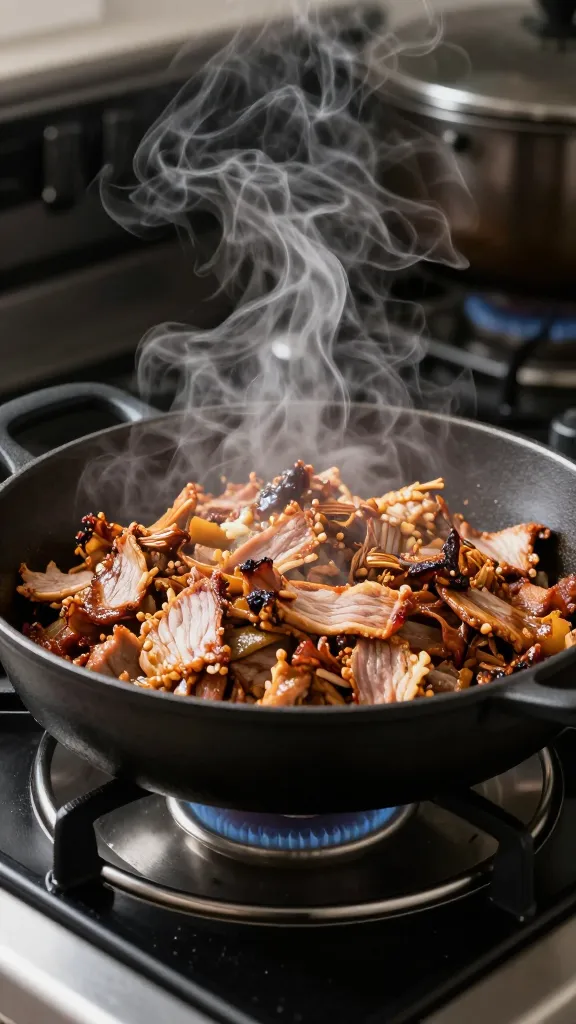 pulled pork reheating in covered skillet with steam, kitchen stove