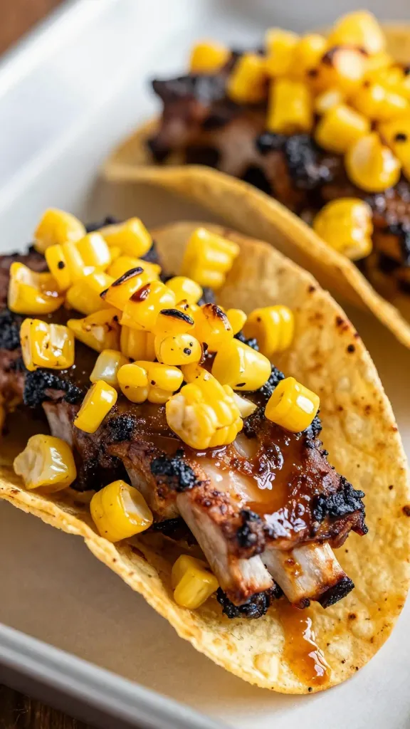 bbq nachos topped with chopped ribs and grilled corn, close-up