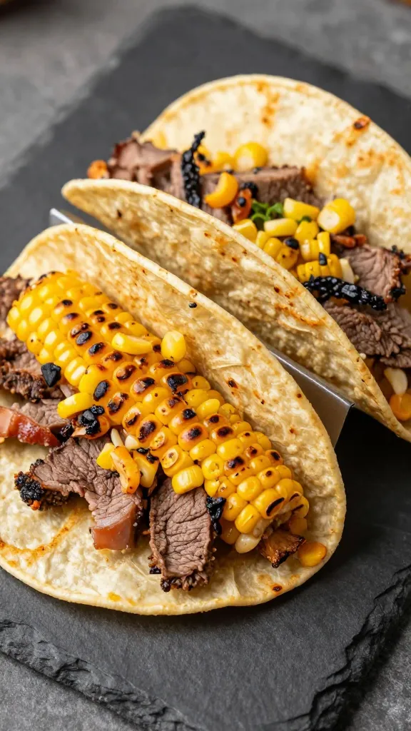 charred corn and sliced steak street tacos on slate