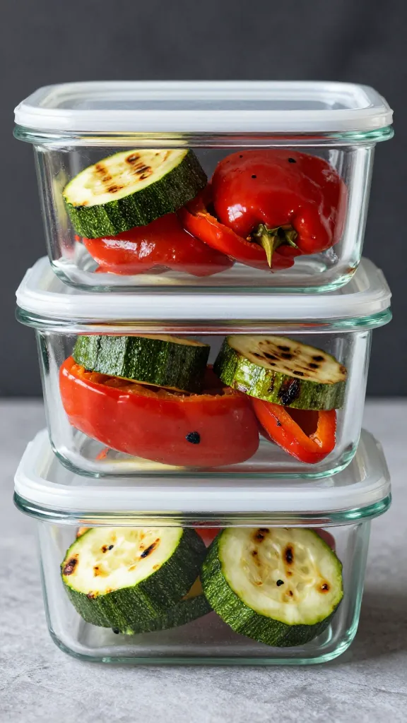 grilled zucchini and peppers in labeled glass containers
