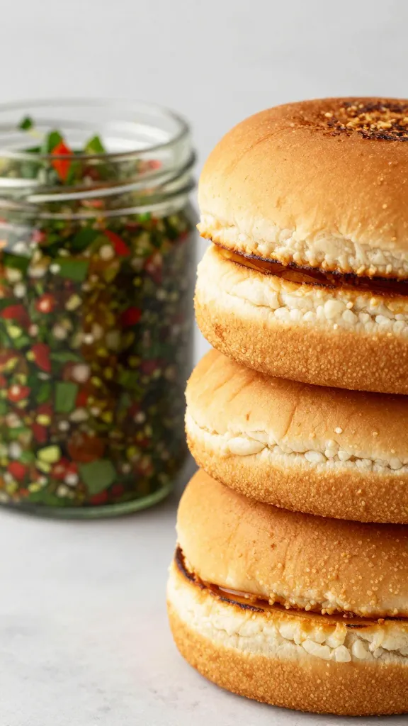 toasted burger buns stacked beside chimichurri jar