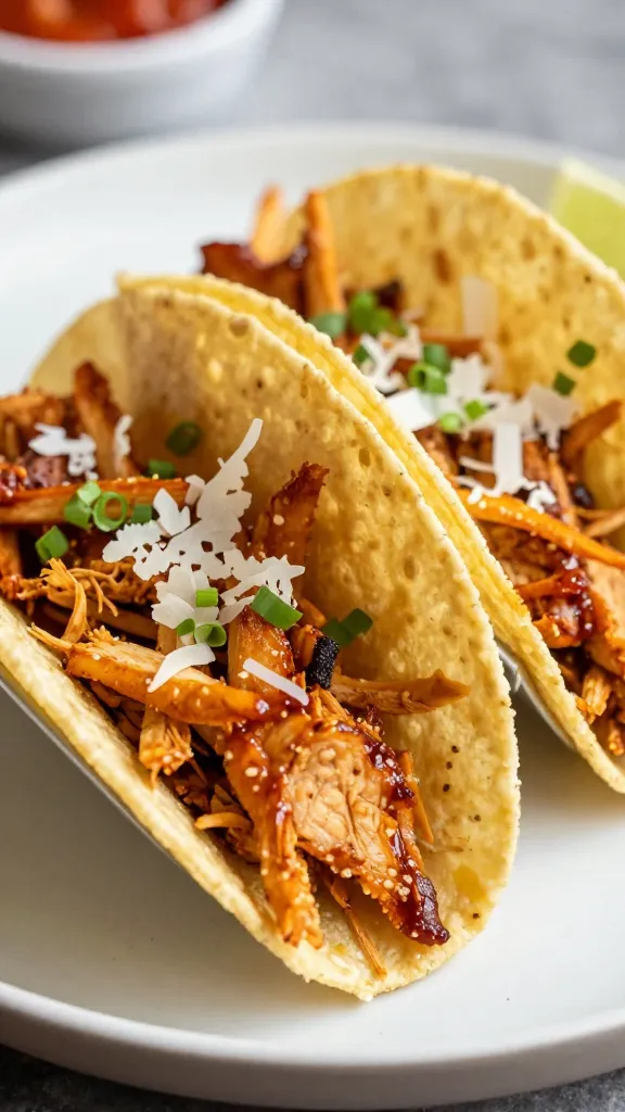shredded bbq chicken street tacos on corn tortillas
