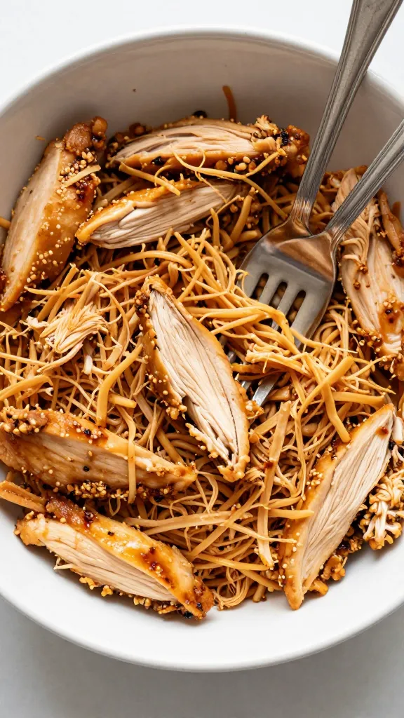 cold shredded bbq chicken in bowl with two forks