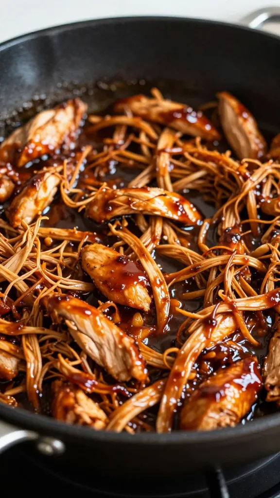 skillet warming shredded bbq chicken in glossy barbecue sauce