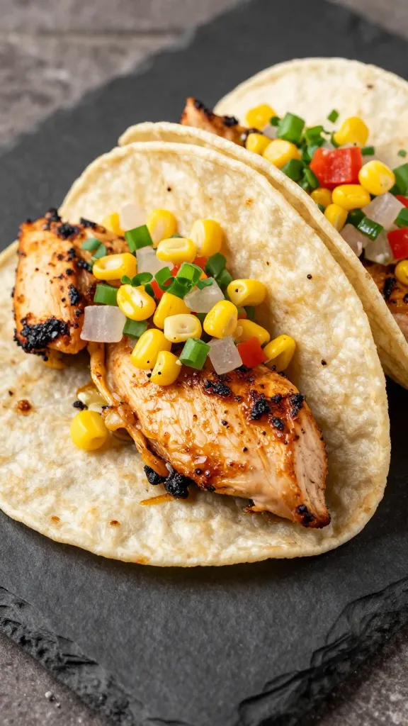 leftover grilled chicken street tacos with corn salsa on slate