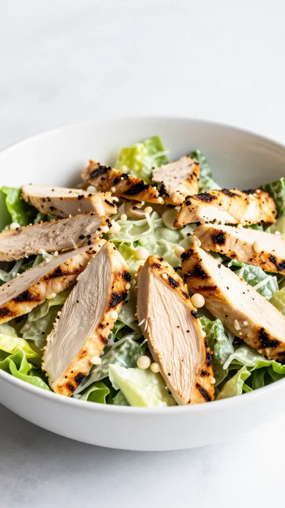 chopped grilled chicken Caesar salad in white bowl