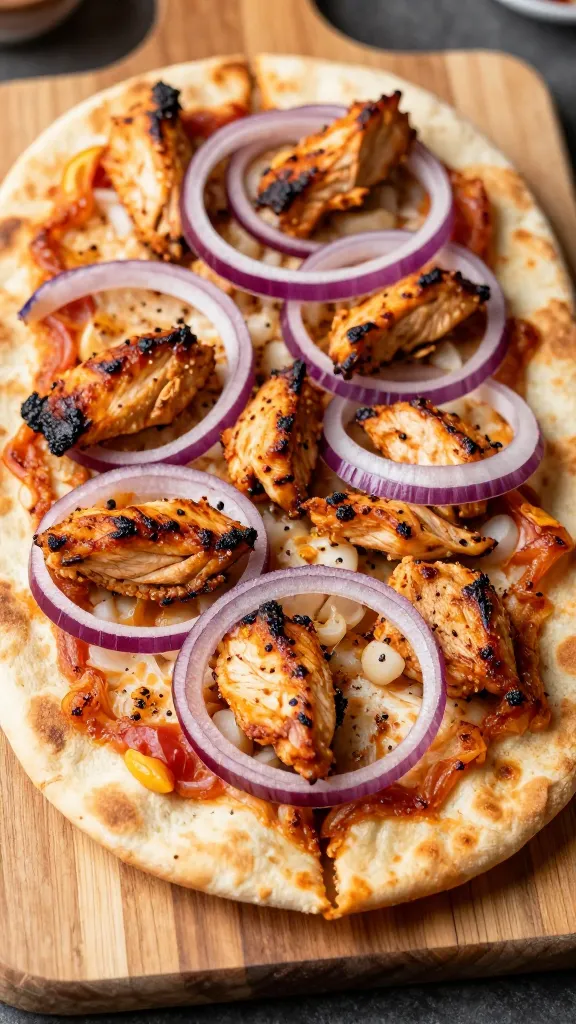barbecue chicken flatbread pizza with red onions on wooden board