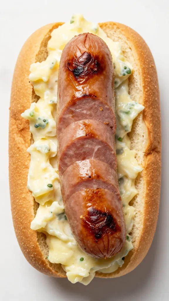 Sliced grilled sausages in potato salad buns, overhead