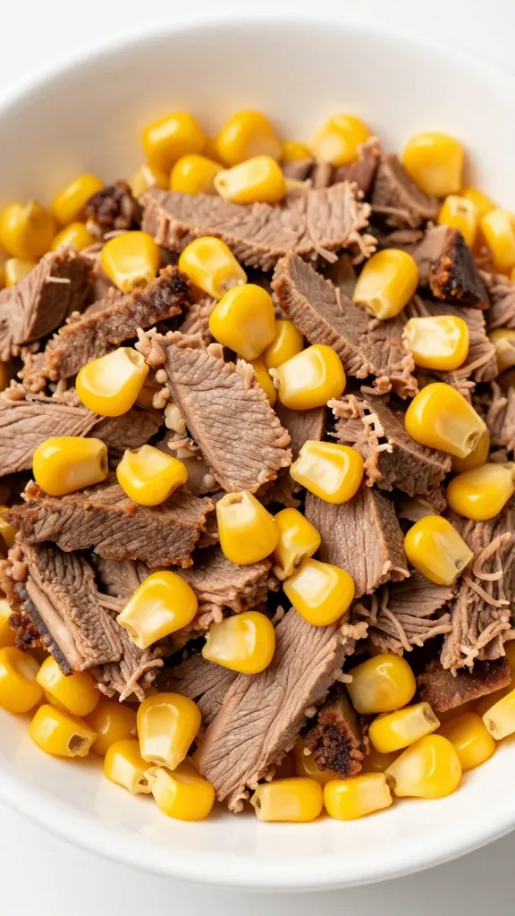 Stripped corn kernels tossed with chopped brisket, white bowl